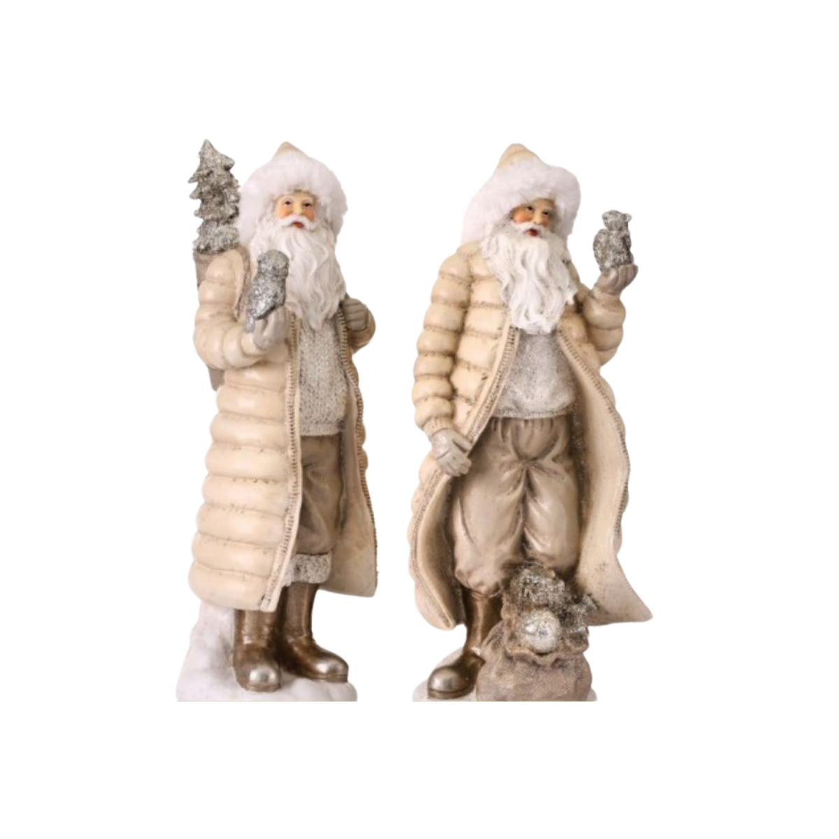 12" Santa Figurine - Forest Santa with Fur Hat - Set of 2 - White and Silver