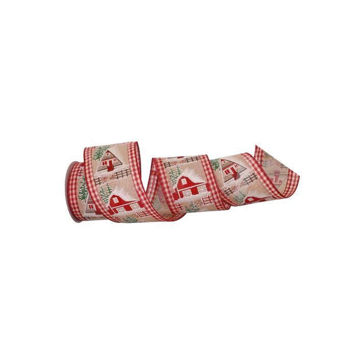 4" Ribbon -  Barn/House Scene On Checkered Ribbon - 10 Yard Roll