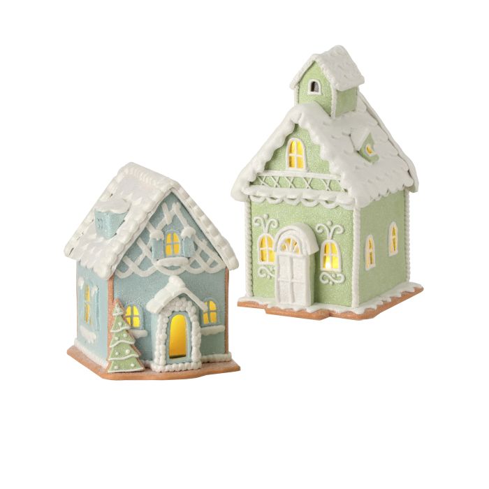 6-7.5"  Cookie Dough Sweet House w/ Battery Operated LED Lights and Timer - Set of 2