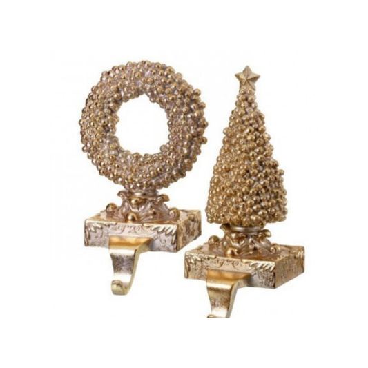 10" Stocking Holder - Gold - Gilded Berry Tree and Wreath - Set of 2