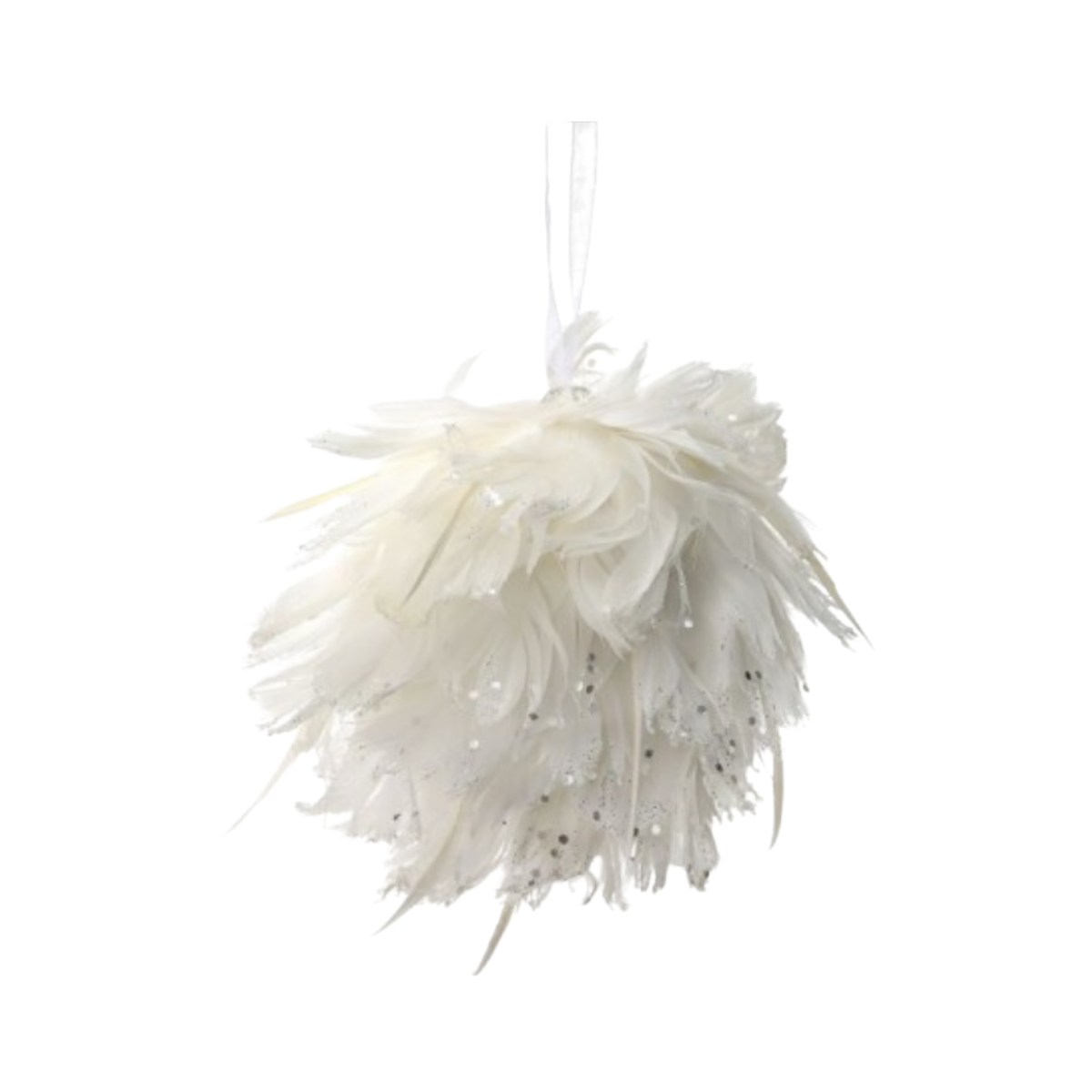 5" Glitter Tip Feather Ball Ornament - White