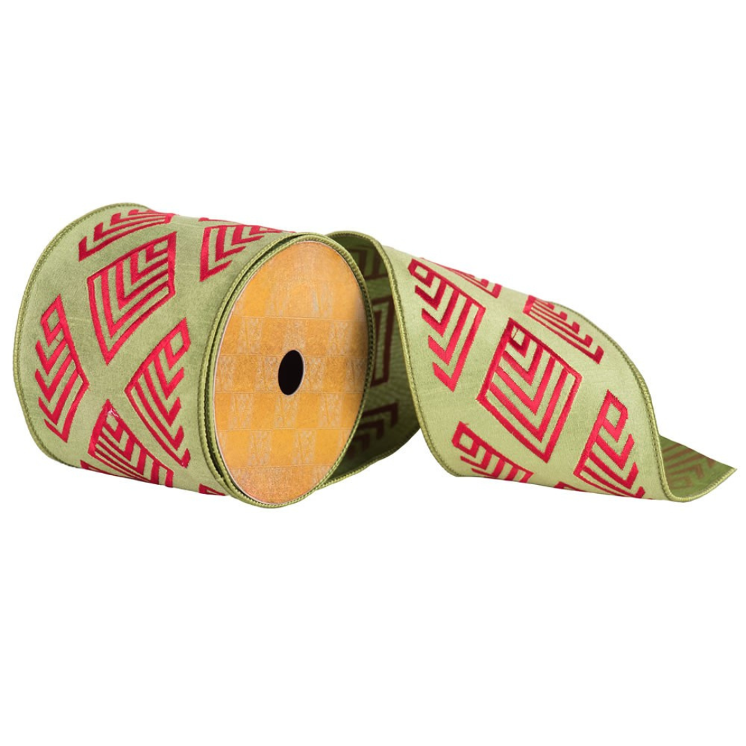 4" x 10 Yards Green Red Embroider Tiles Ribbon