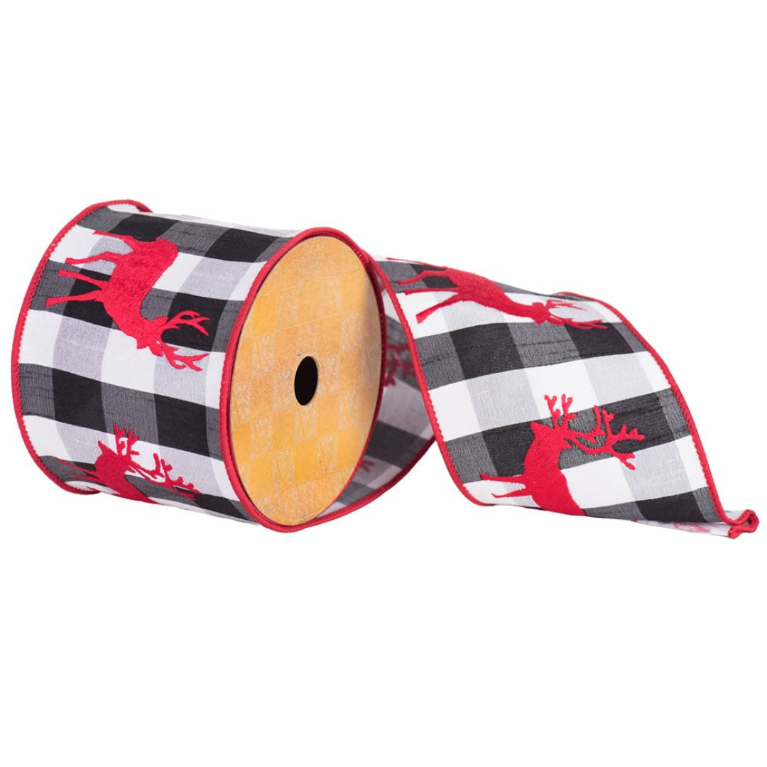 4" x 10 Yards Red Embr Reindeer on Plaid Ribbon