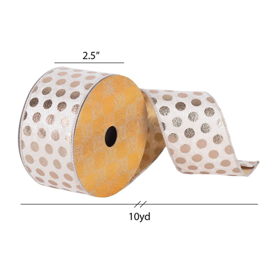 2.5" x 10 Yards Ivory Velvet Gold Metallic Dot Ribbon