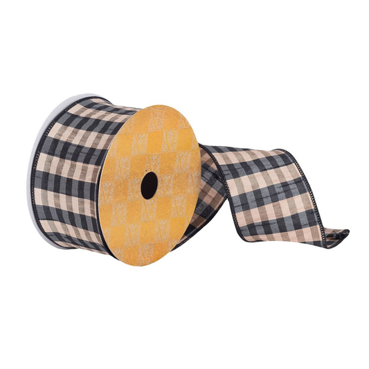 2.5" x 10 Yards Black/Tan Plaid Ribbon